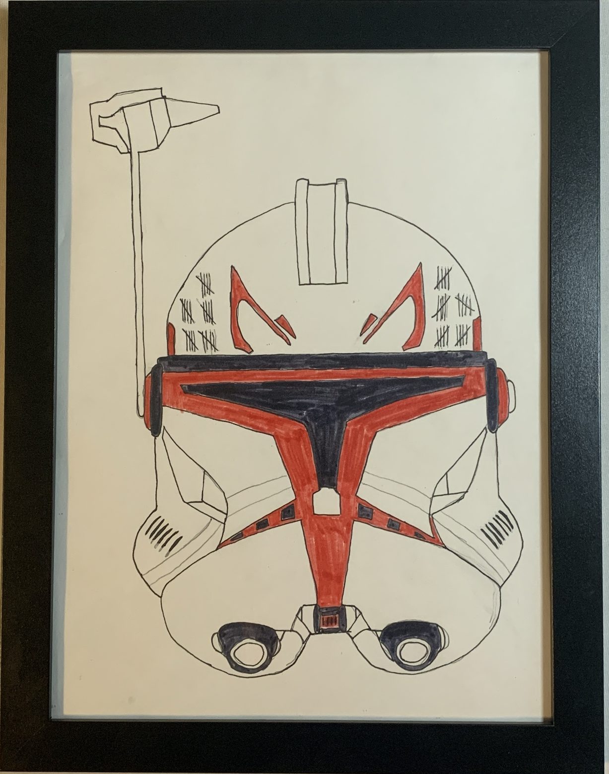Framed ink and marker drawing of a clone trooper helmet with red markings and tally marks