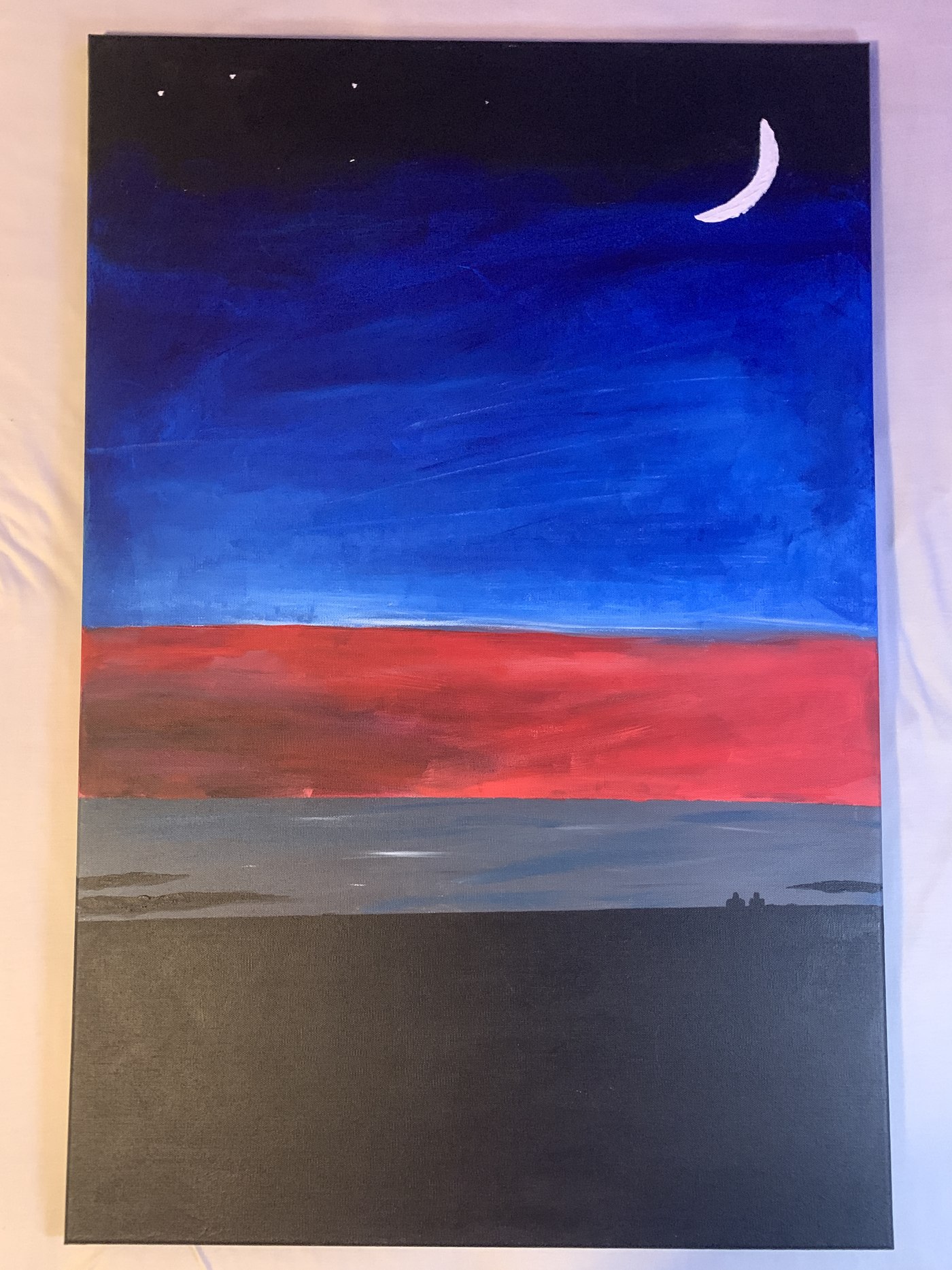 Acrylic painting of a crescent moon and stars over a banded blue, red, and gray landscape