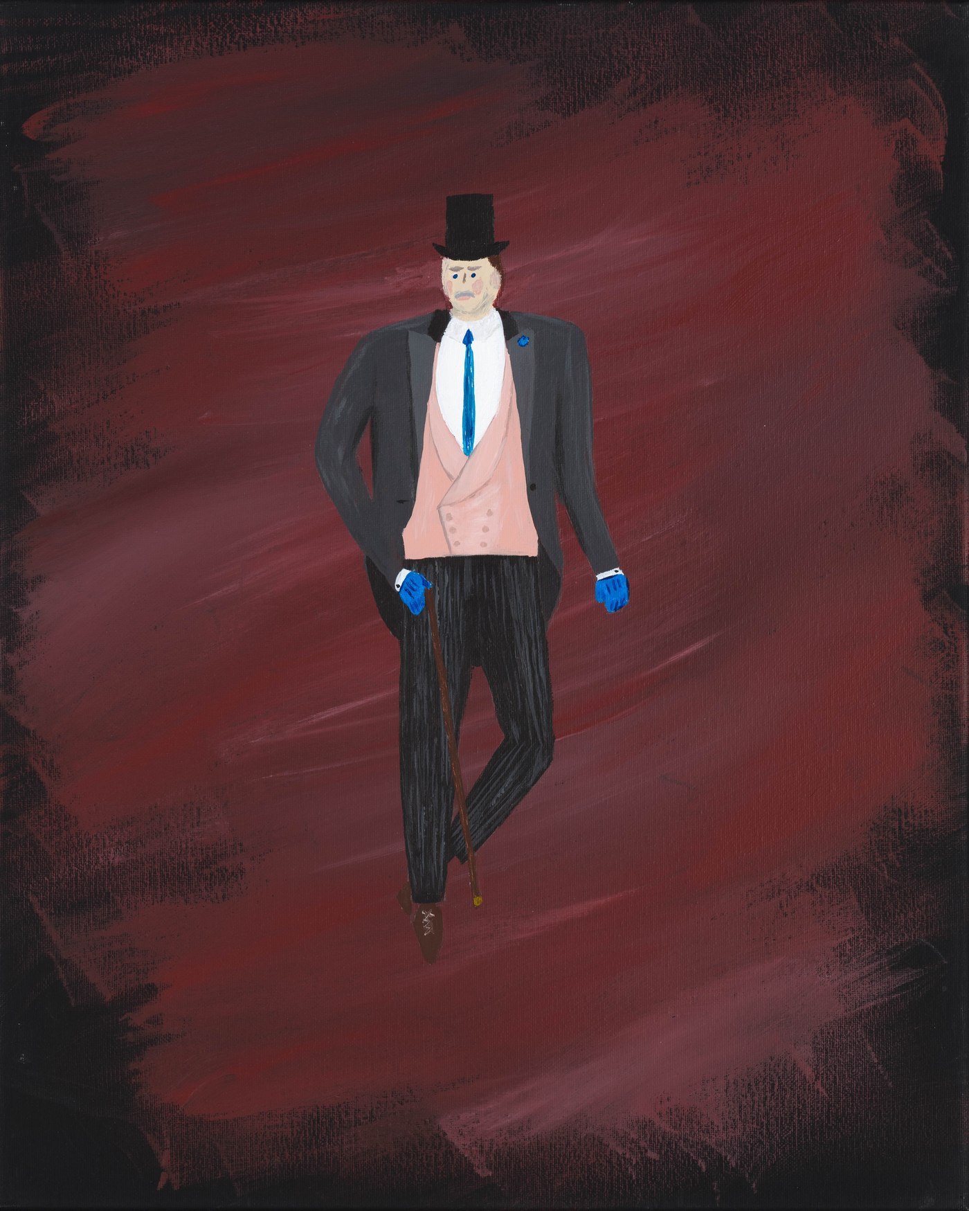 Acrylic painting of a man in a top hat and tailcoat holding a cane against a maroon background