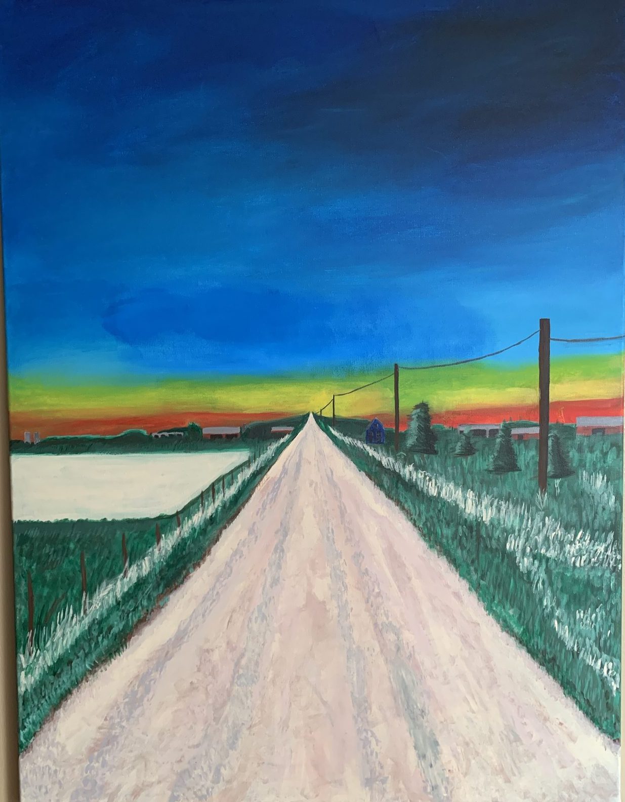 Acrylic painting of a pale gravel road with utility poles running to a horizon that shifts from red through yellow and green to deep blue