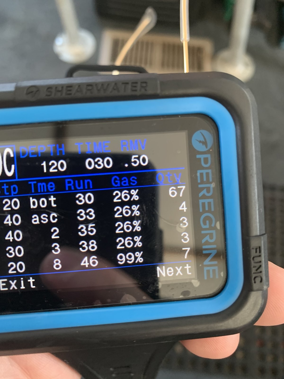Shearwater Peregrine dive computer showing a decompression schedule