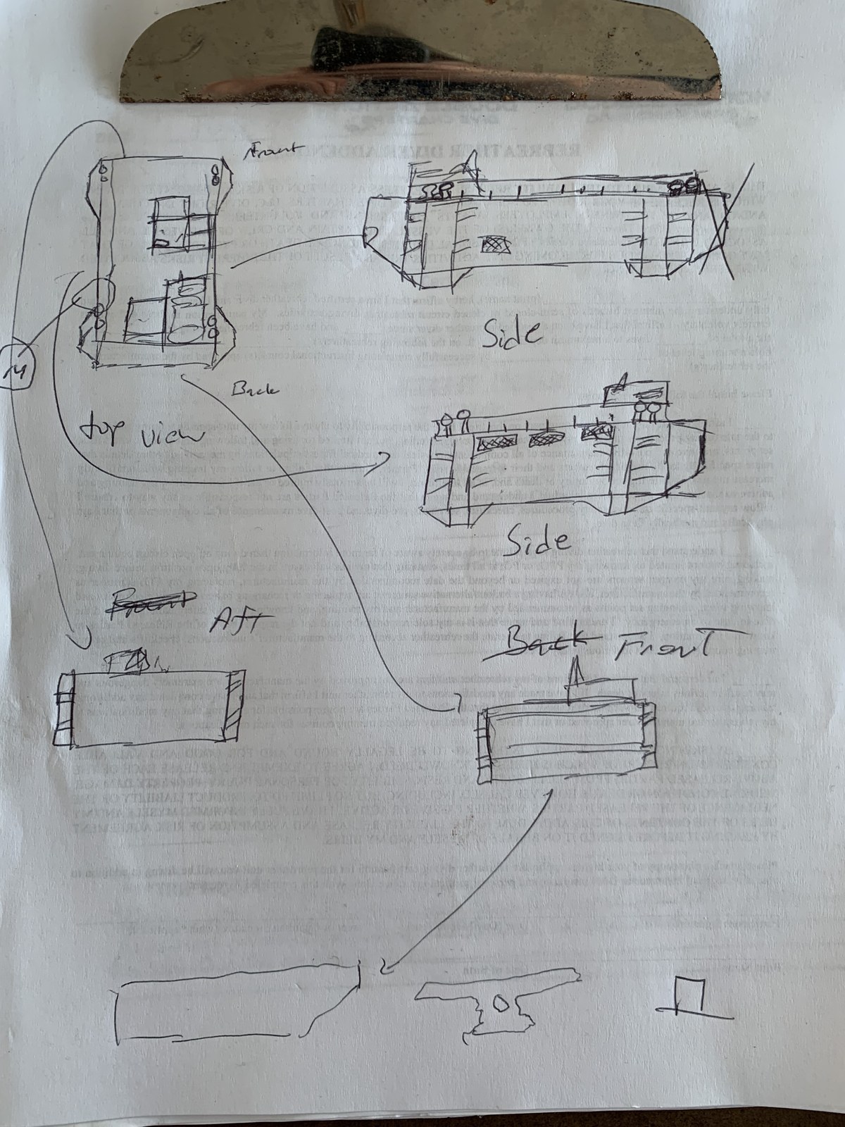 Hand-drawn field sketch of Cody's Barge, with front, side, and top views