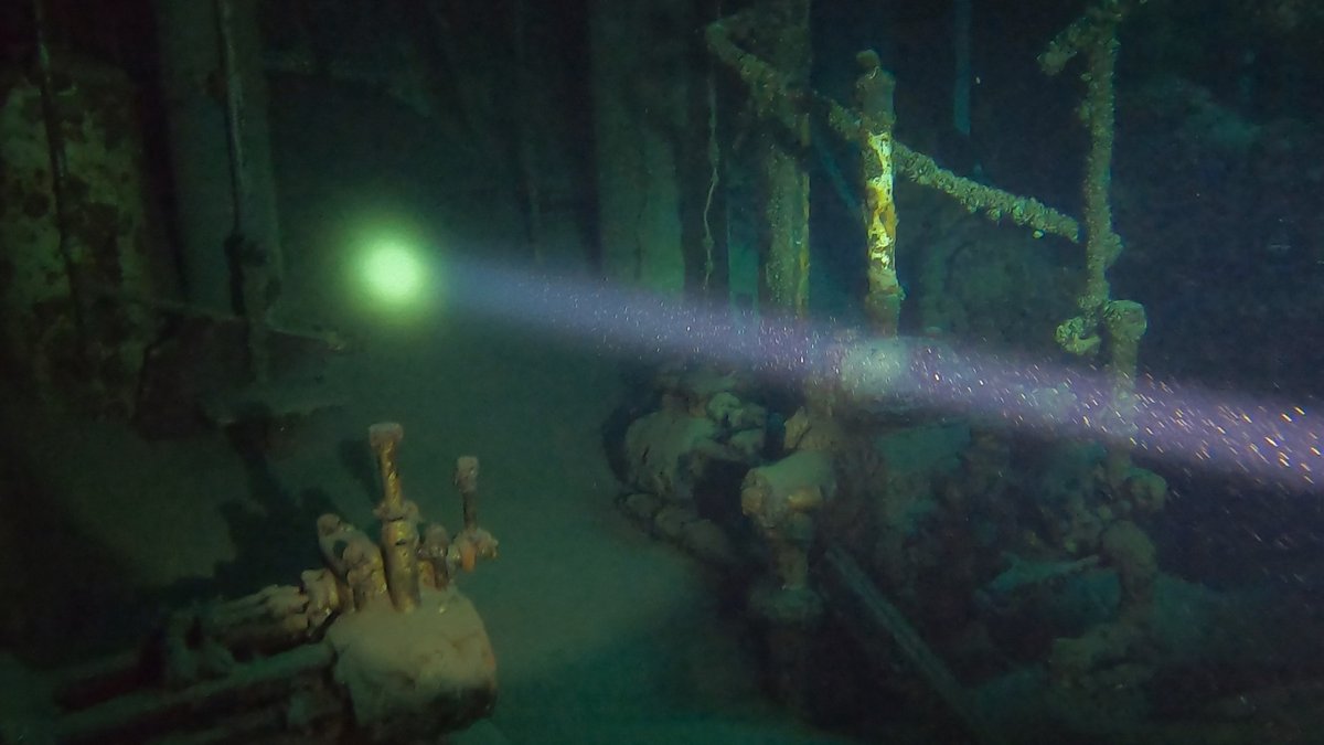 A wreck's interior showing stairs, lit by a dive light beam