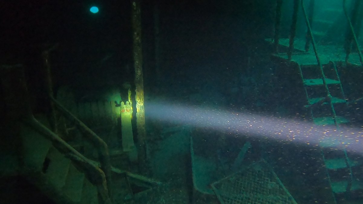 A dive light illuminating a ladder inside a wreck's interior