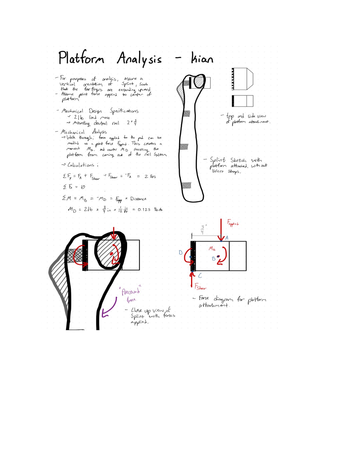 Hand-drawn free-body diagram and calculations for the platform attachment